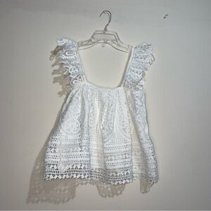 Anthropologie Eri Ali White Lined Ruffle Feminine Openwork Geometric XS Top NWT